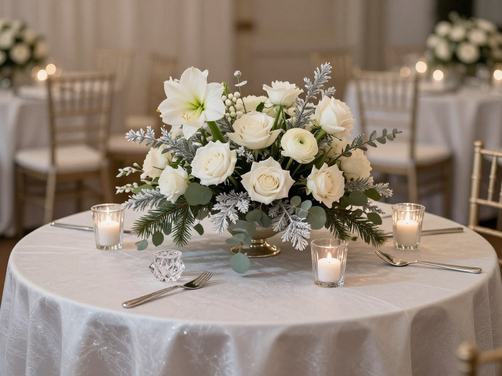 Winter-themed round wedding table with silver accents and white flowers