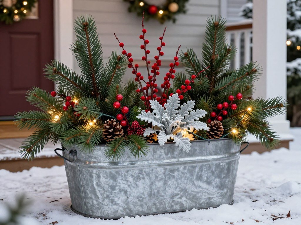 Winter-themed wash tub planter with evergreens, berries, and holiday decorations