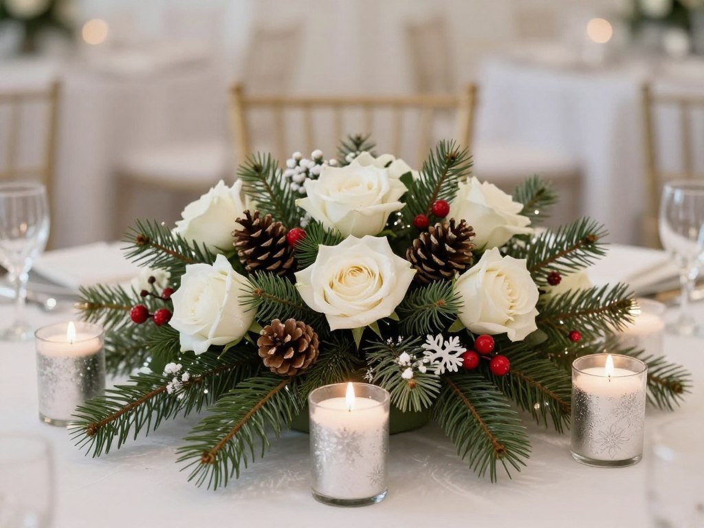 Winter wedding centerpiece with evergreens and candles