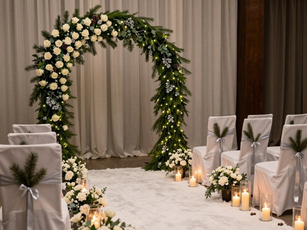 Winter wedding ceremony with evergreens, candles, and white flowers