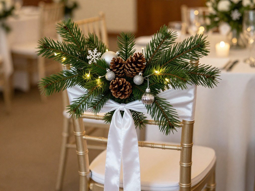 Winter wedding chair with pine branches and silver ornaments