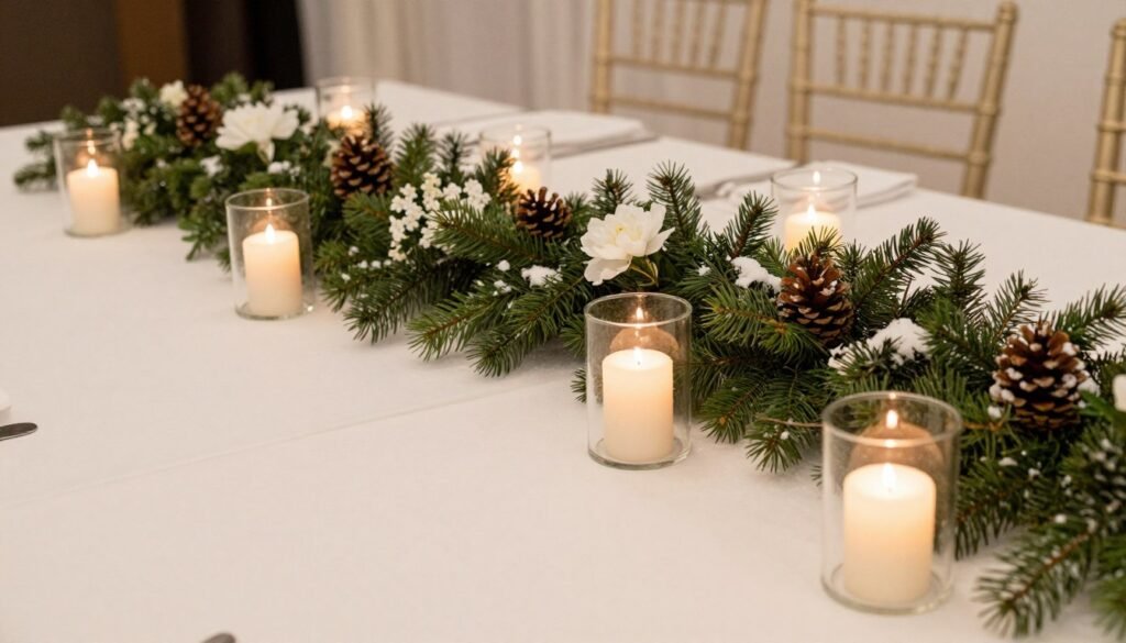 Winter wedding decoration with evergreen and candles