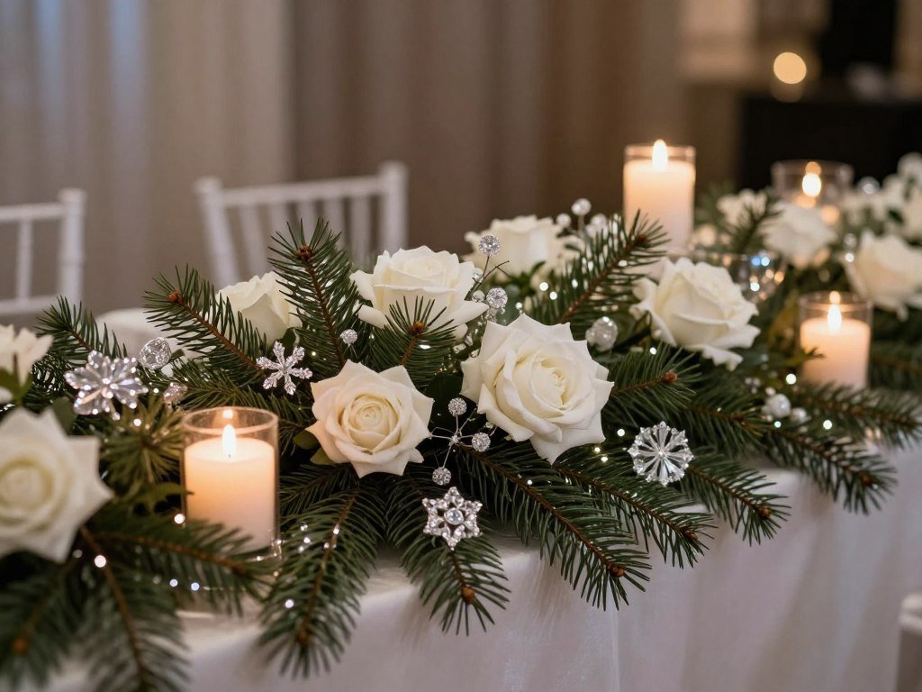 Winter wedding decorations with pine branches, white flowers, and crystal elements