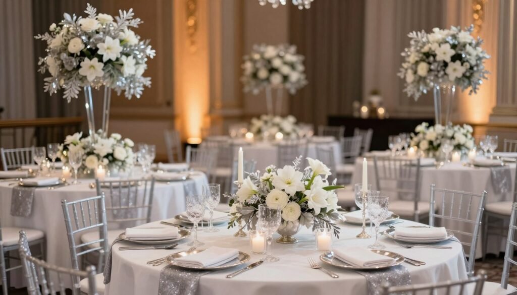 Winter wedding reception with white and silver decor, crystal elements, and warm candlelight creating an elegant atmosphere Winter wedding reception with white and silver decor, crystal elements, and warm candlelight creating an elegant atmosphere
