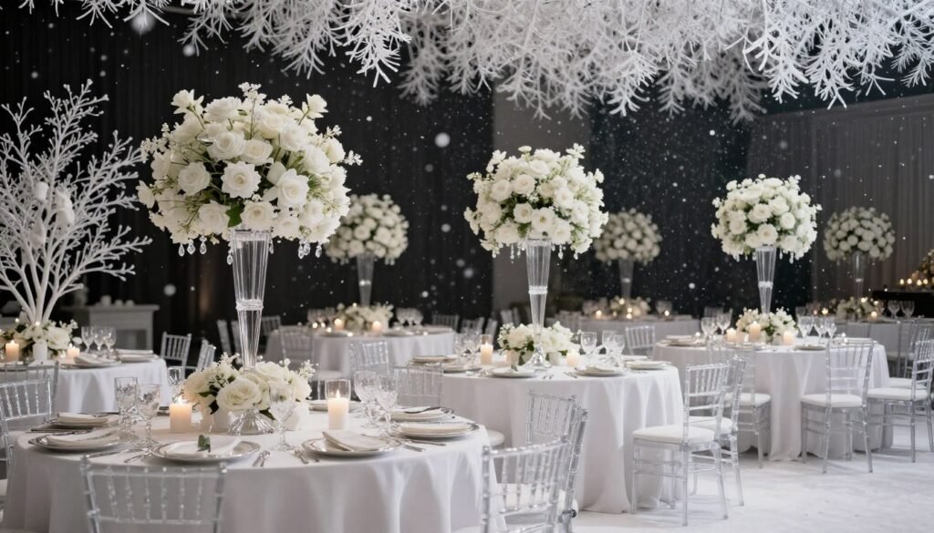 Winter wedding reception with white flowers, crystal elements, and candles creating a snowy wonderland effect