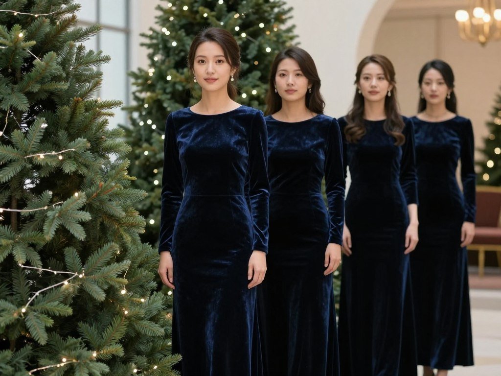 Winter wedding scene with bridesmaids in navy velvet dresses with long sleeves