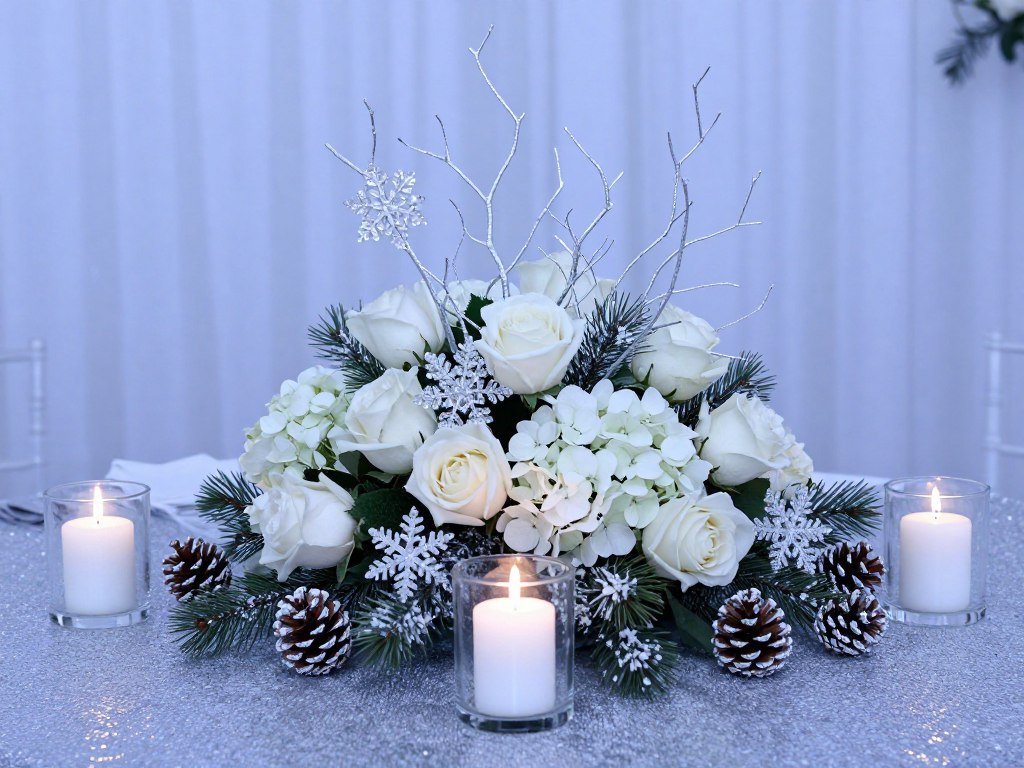 Winter wedding table decoration with white flowers, silver branches, and crystal elements