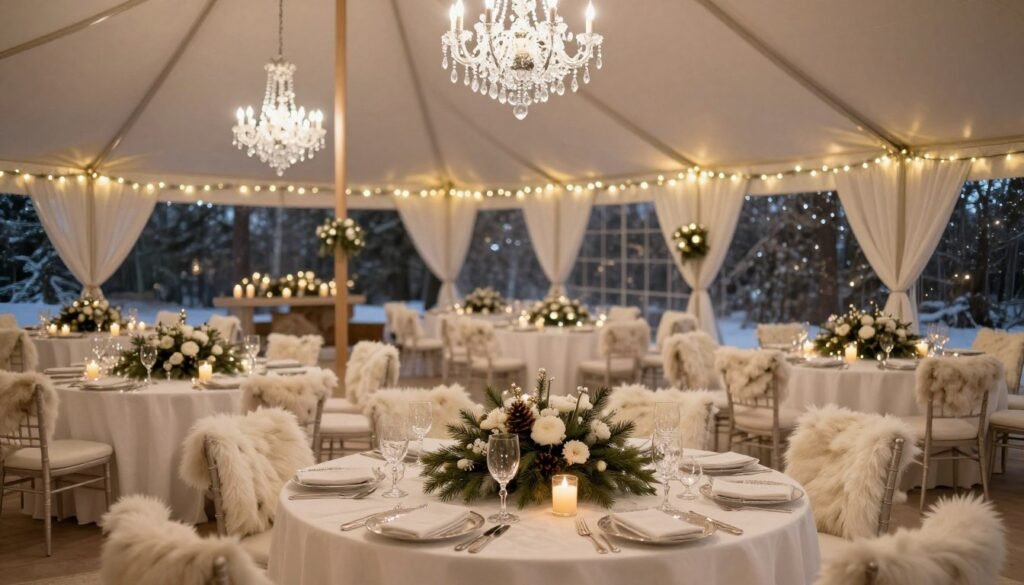Winter wedding tent with white and silver decor, sparkling elements, and cozy atmosphere