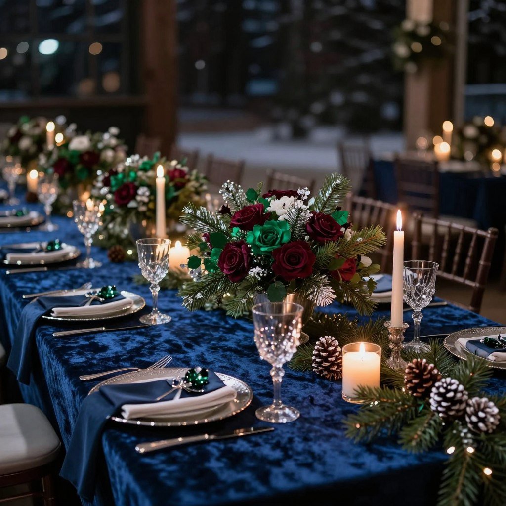 Winter wedding with deep sapphire, emerald, and burgundy with silver accents and candles Winter wedding with deep sapphire, emerald, and burgundy with silver accents and candles