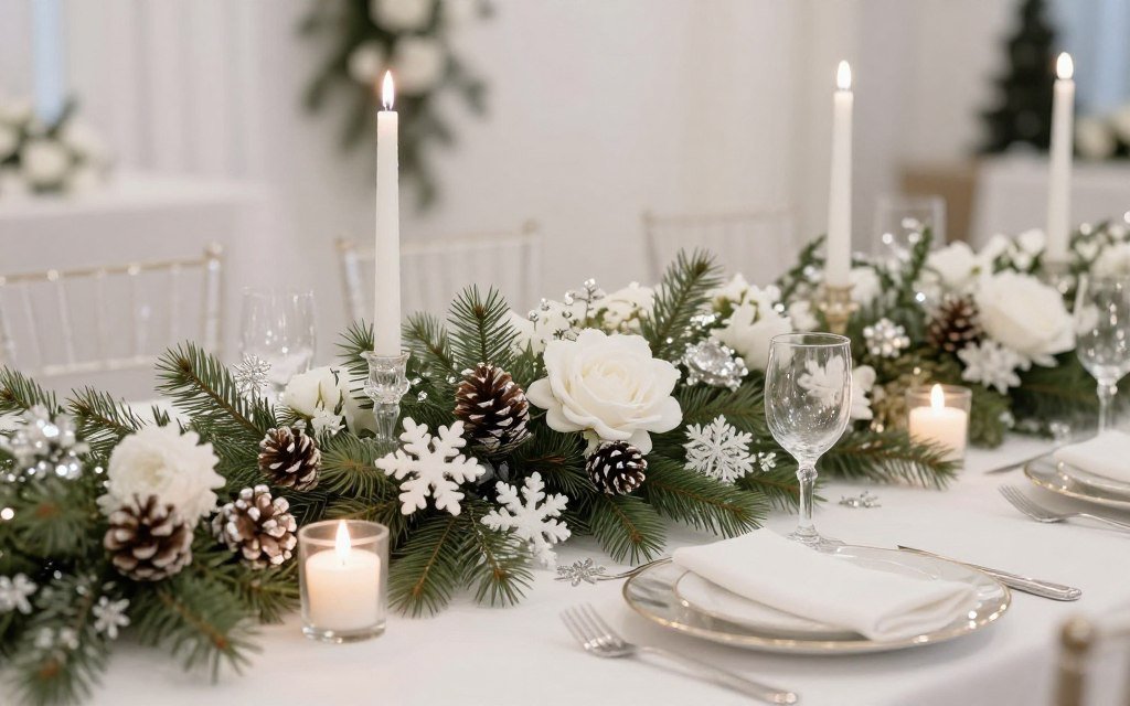 Winter wedding with elegant white decorations and evergreen accents