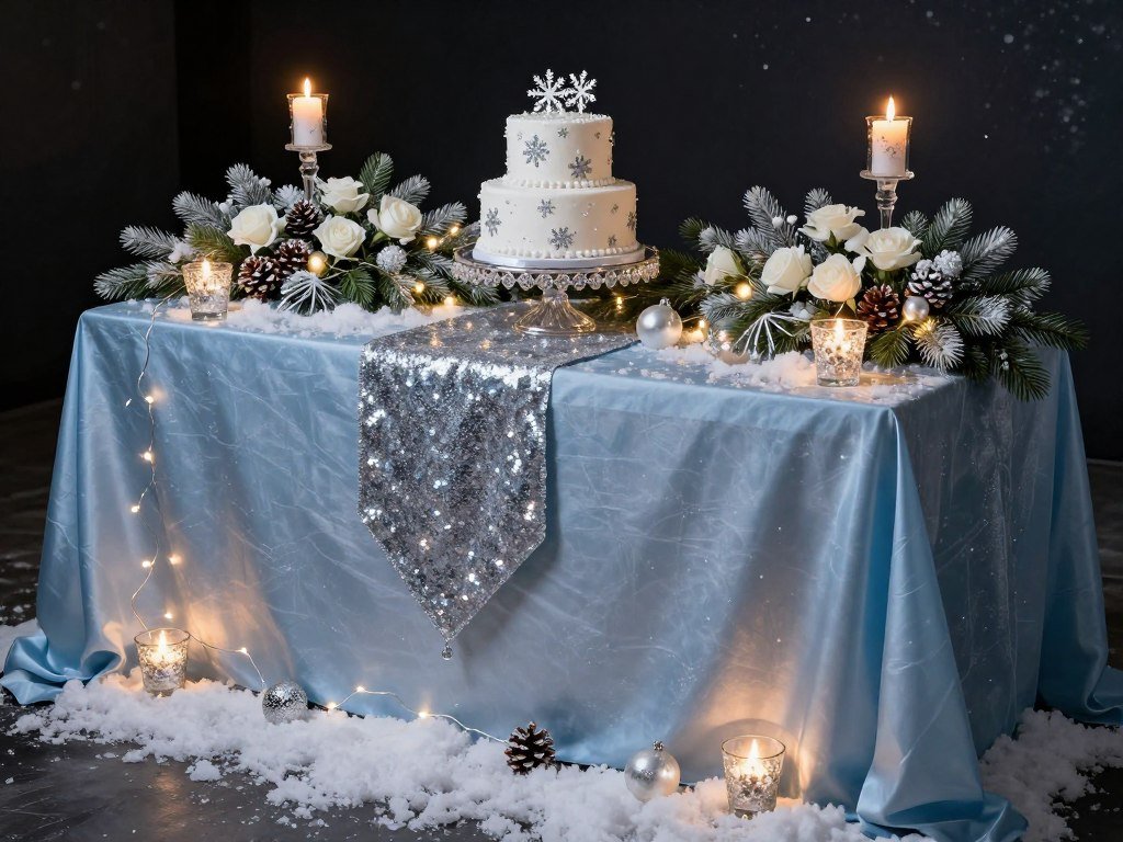 Winter wonderland cake table with silver accents, evergreen elements, and warm candlelight