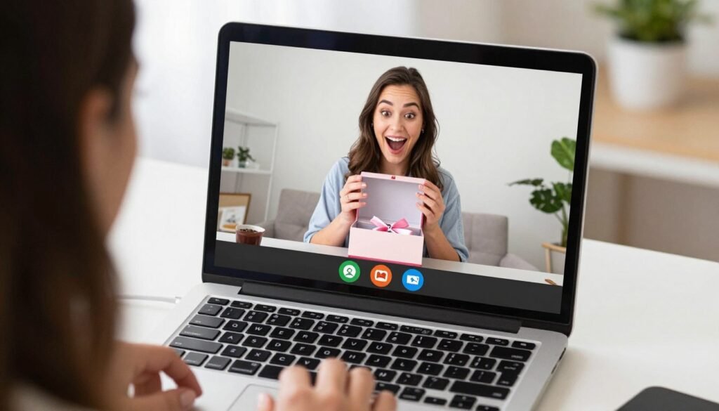 Woman on video call receiving bridesmaid proposal gift box delivery, unboxing on screen