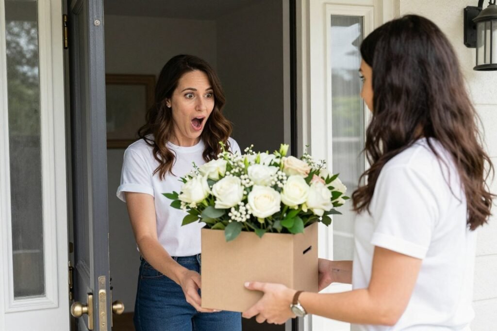 Woman surprised at door receiving unexpected bridesmaid proposal delivery box with flowers