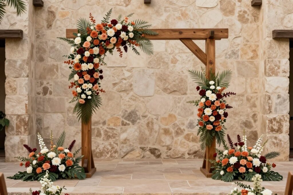 Wooden arch with asymmetrical florals creating a hacienda wedding ceremony backdrop Wooden arch with asymmetrical florals creating a hacienda wedding ceremony backdrop