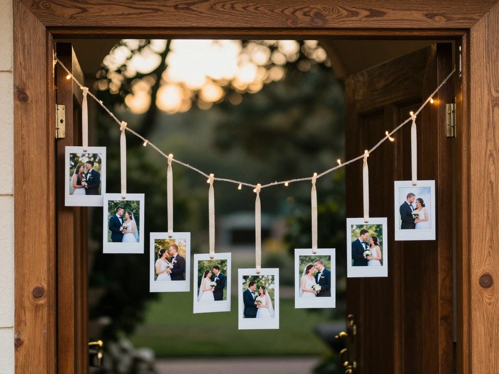 Wooden door frame with hanging photos creating a personalized wedding entrance Wooden door frame with hanging photos creating a personalized wedding entrance