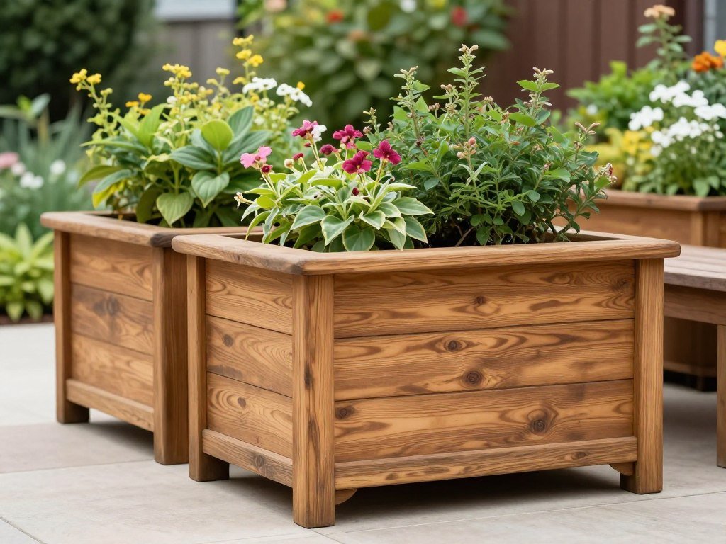 Wooden large outdoor planters with natural weathered finish in a garden setting