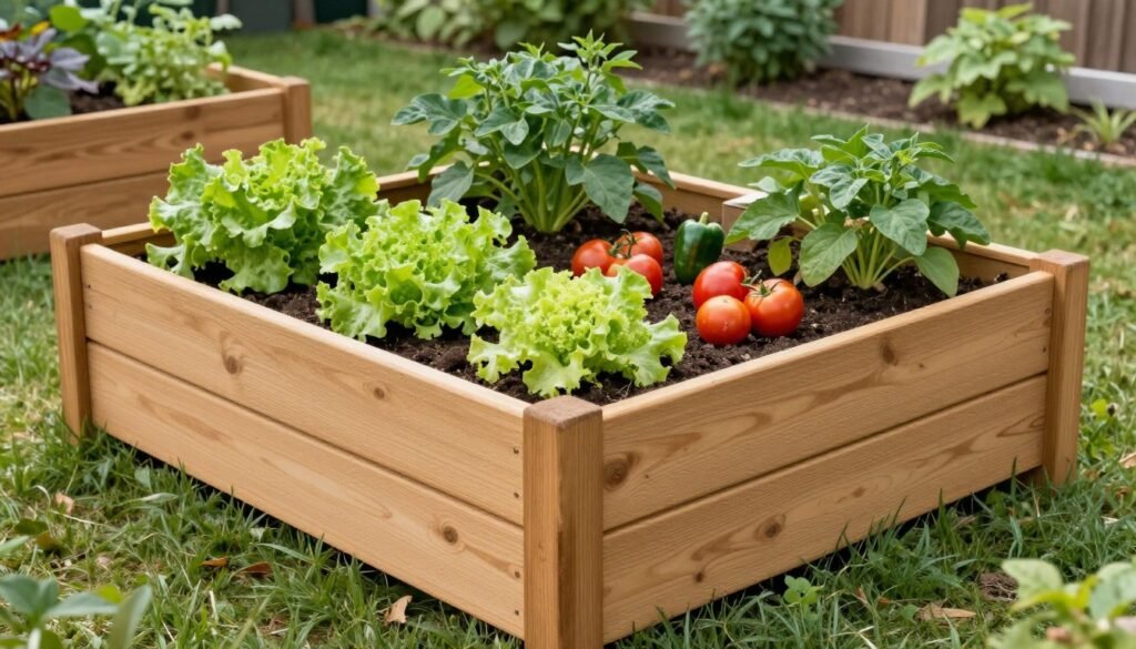 Wooden raised garden bed planter box with vegetables growing in a backyard garden Wooden raised garden bed planter box with vegetables growing in a backyard garden