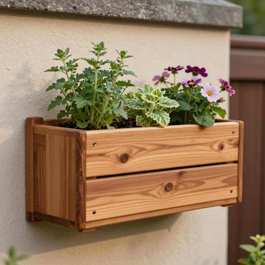 Wooden wall planter boxes with herbs and flowers on an outdoor wall