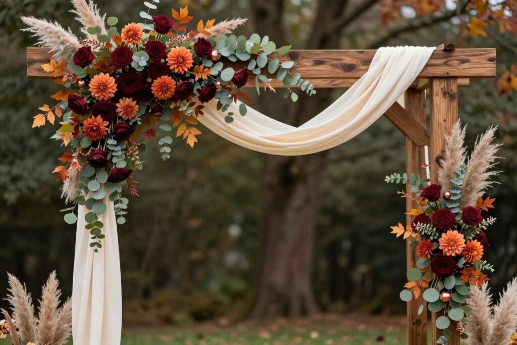Wooden wedding arch decorated with fall flowers and autumn foliage Wooden wedding arch decorated with fall flowers and autumn foliage