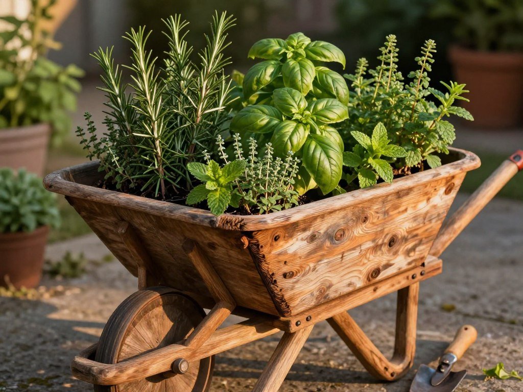 Wooden wheelbarrow filled with various culinary herbs including basil, rosemary, thyme and mint with rustic garden tools nearby Wooden wheelbarrow filled with various culinary herbs including basil, rosemary, thyme and mint with rustic garden tools nearby