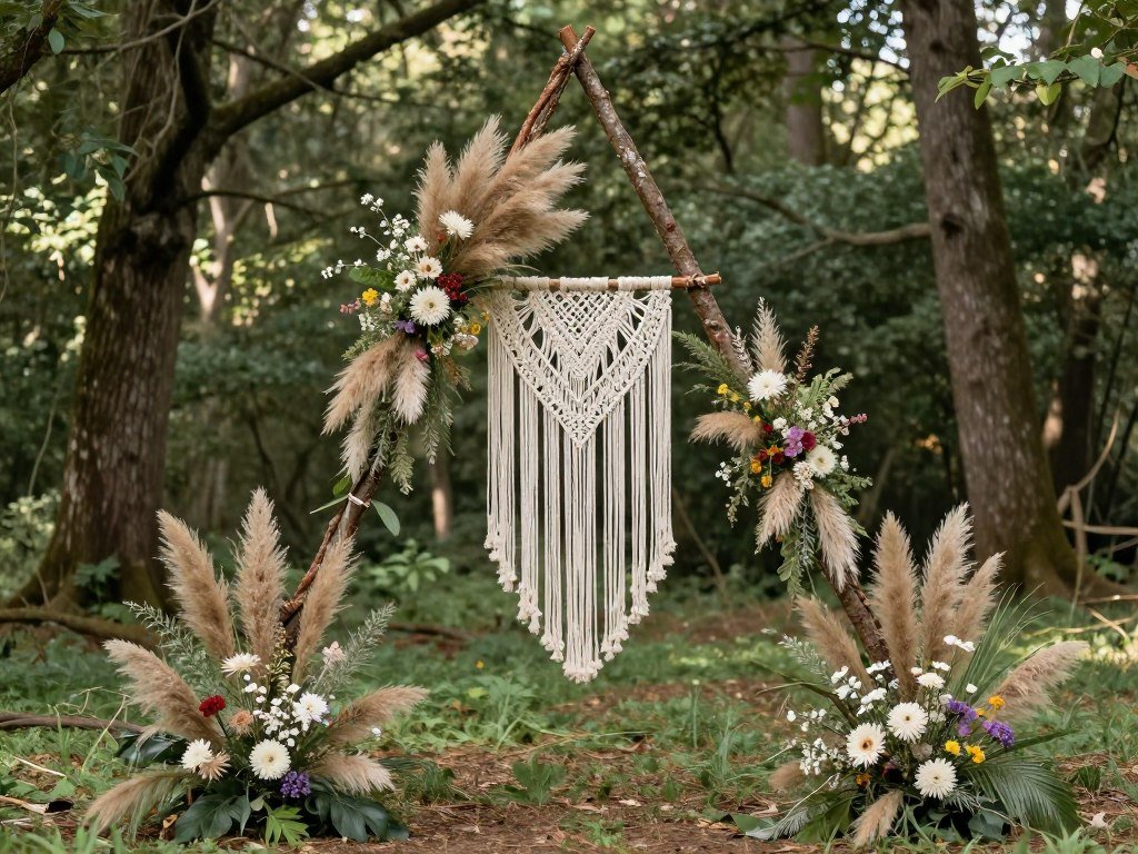 Woodland bohemian arch decoration wedding with pampas grass