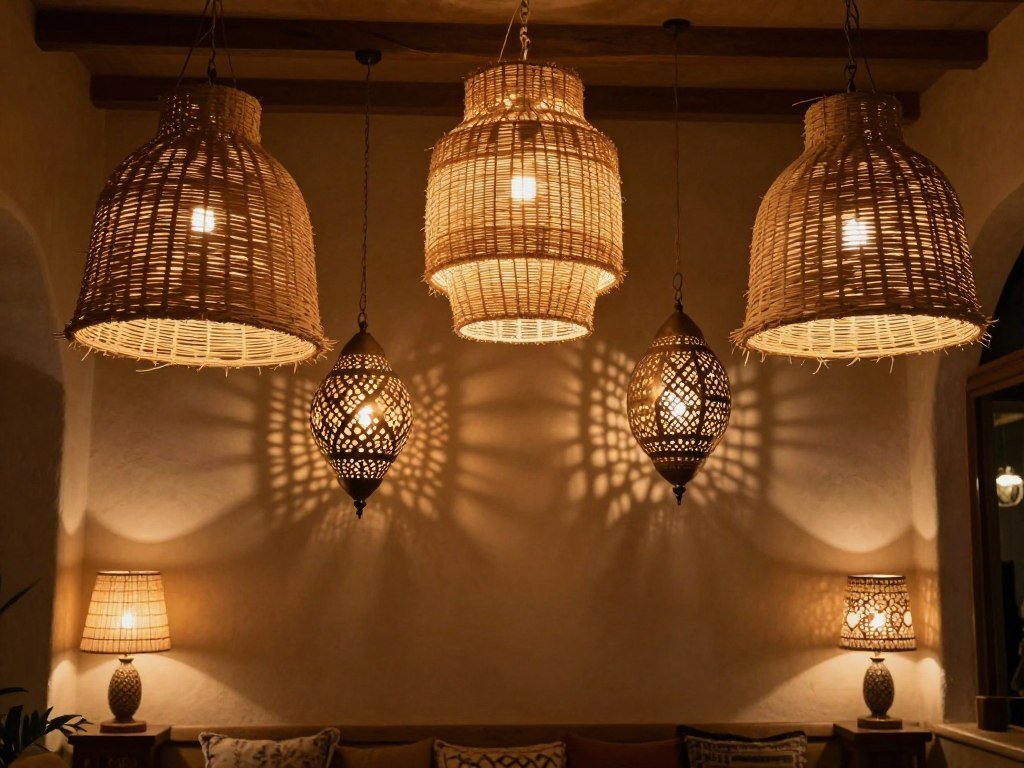 Woven pendant lights and Moroccan lanterns creating warm ambient lighting in an afro boho space Woven pendant lights and Moroccan lanterns creating warm ambient lighting in an afro boho space