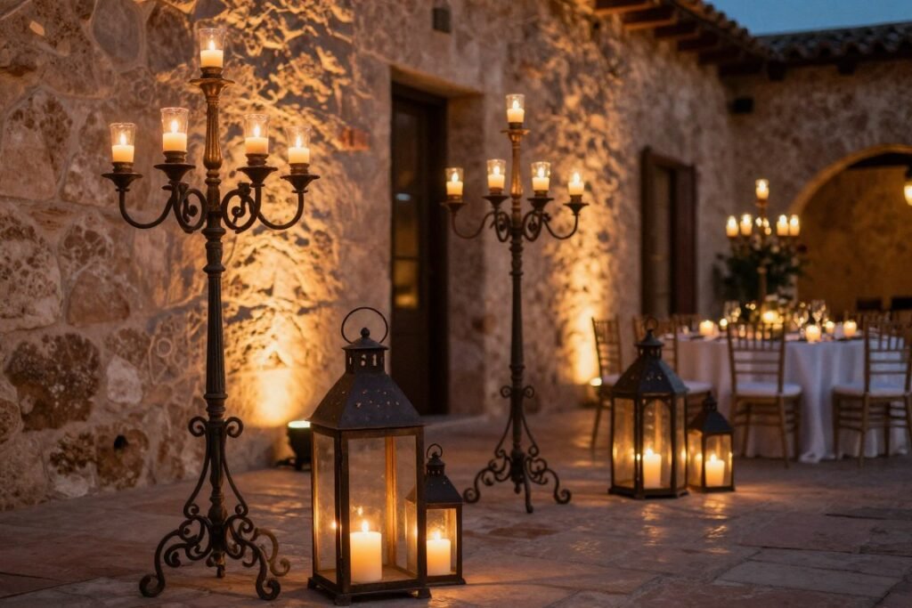 Wrought iron candelabras and lanterns creating ambient lighting at a hacienda wedding Wrought iron candelabras and lanterns creating ambient lighting at a hacienda wedding