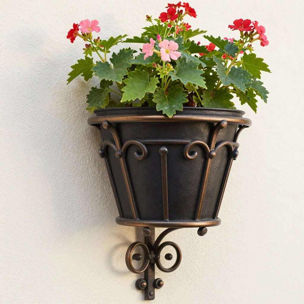 Wrought iron decorative wall planters with flowering plants