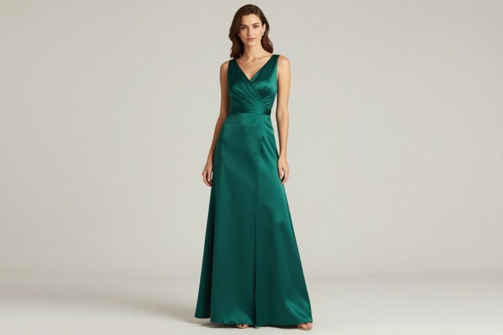 a-line satin bridesmaid dress on model showing classic silhouette