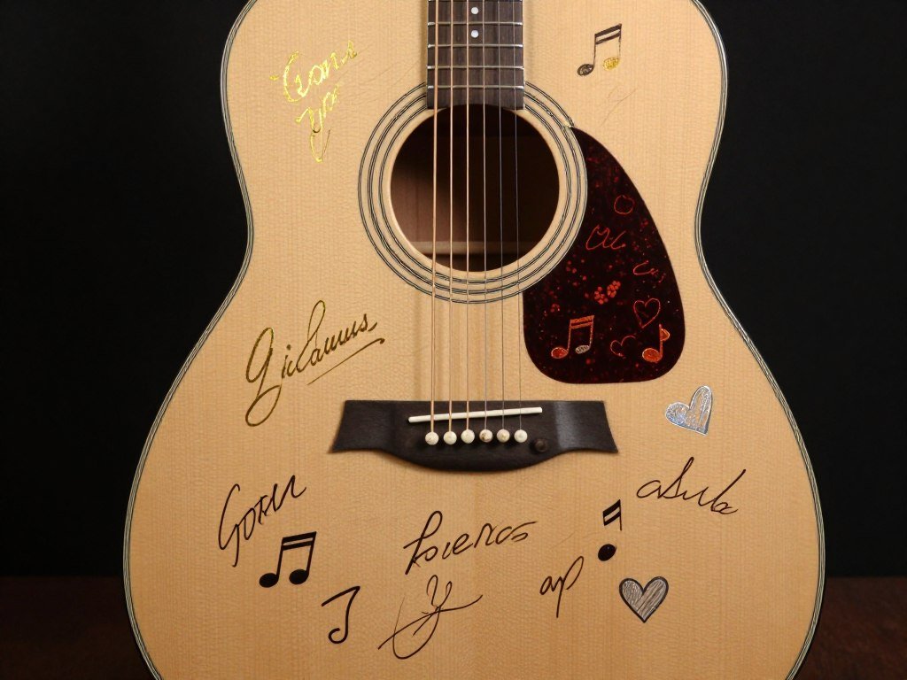 acoustic guitar with guest signatures in various colored markers covering the body of the instrument acoustic guitar with guest signatures in various colored markers covering the body of the instrument