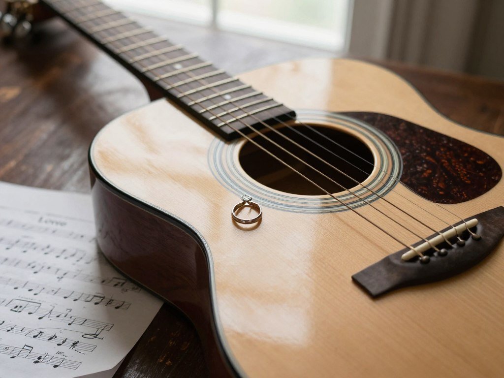 acoustic guitar with music notes and engagement ring