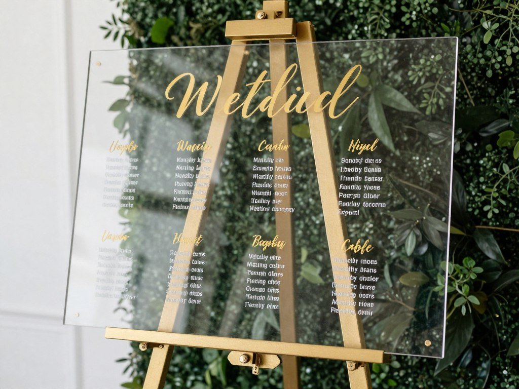 acrylic seating chart wedding ideas with gold calligraphy on clear panel
