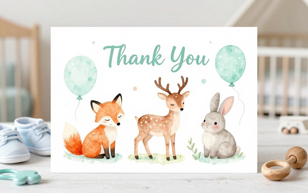 adorable baby shower thank you card with pastel colors and cute animal illustrations