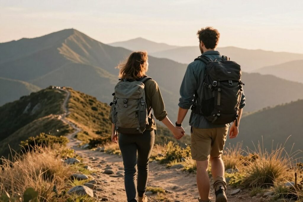 adventurous couple hiking scenic mountain trail for anniversary celebration