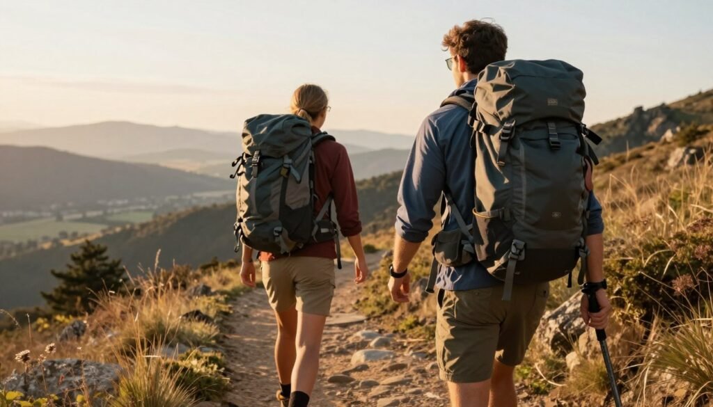 adventurous couple hiking together on scenic trail