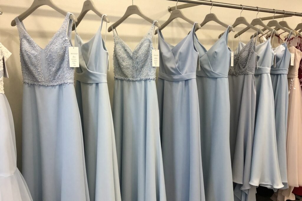 affordable light blue bridesmaid dresses displayed