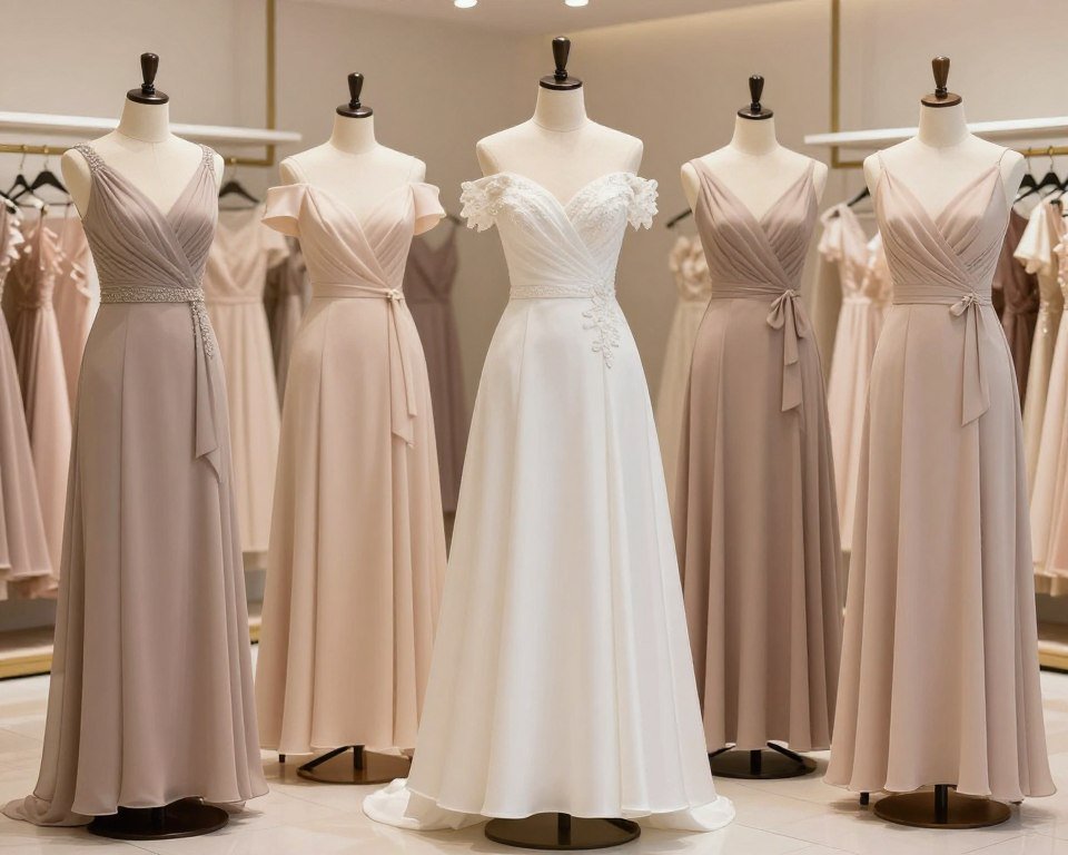 affordable neutral bridesmaid dress options displayed together