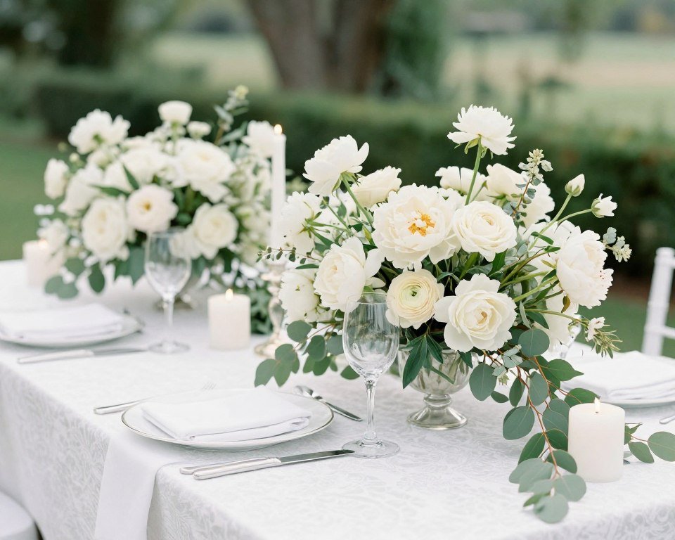 all white wedding with varied textures and greenery
