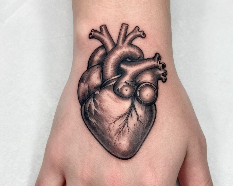 anatomical heart wedding ring tattoo showing realistic heart design