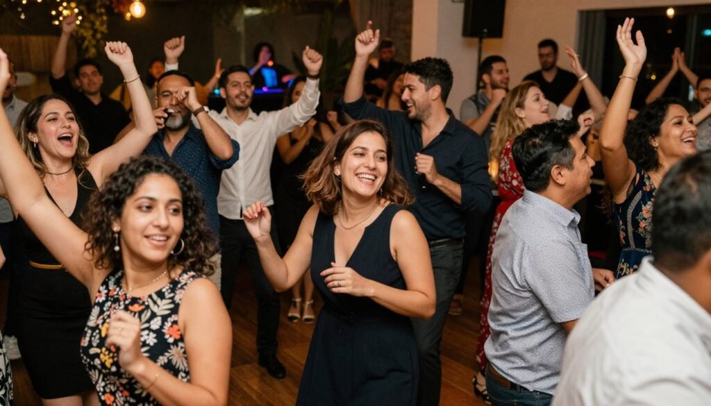anniversary party guests dancing and celebrating
