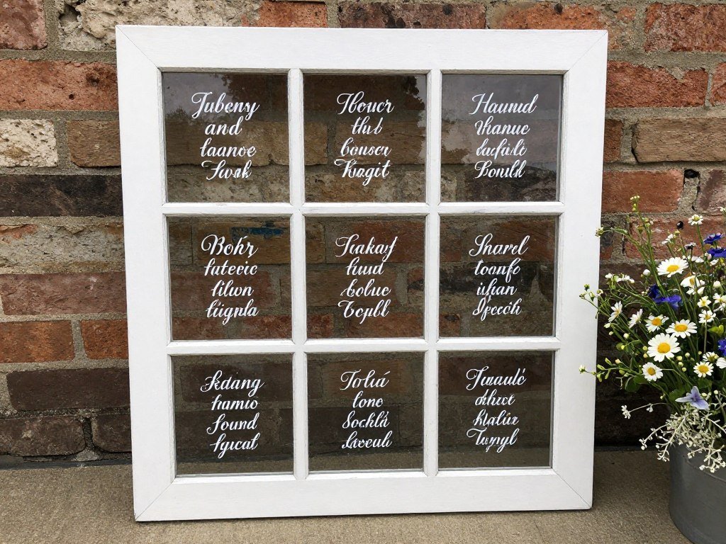 antique window frame wedding seating chart with calligraphy on glass panes antique window frame wedding seating chart with calligraphy on glass panes