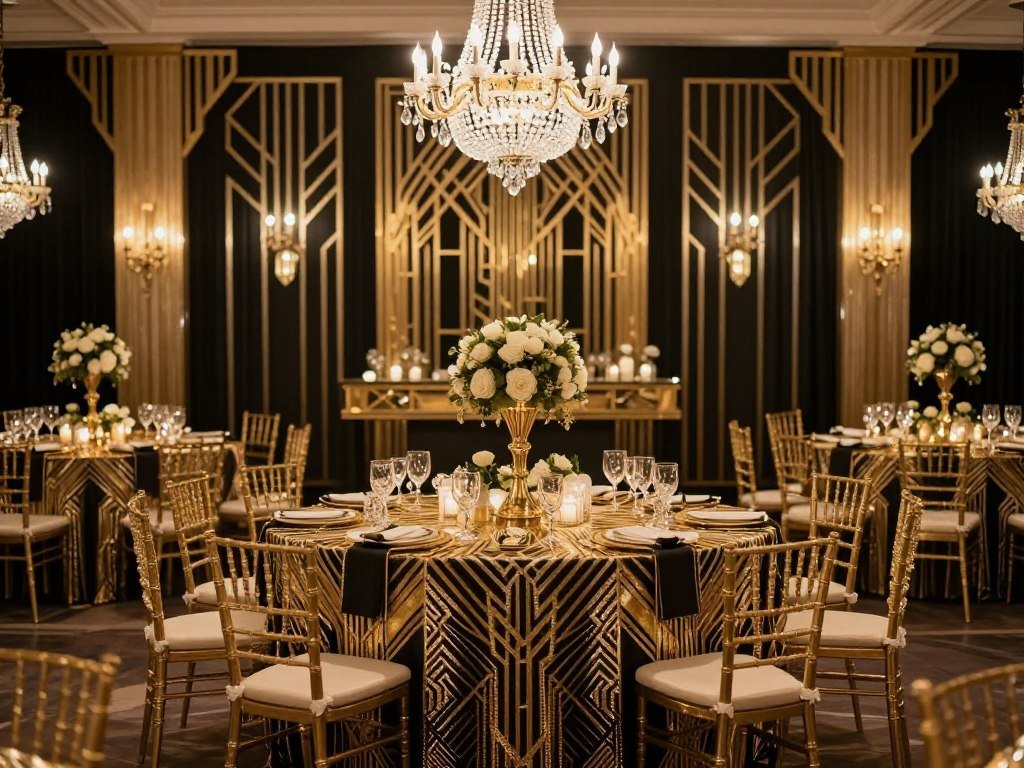 art deco wedding theme with geometric patterns and gold accents