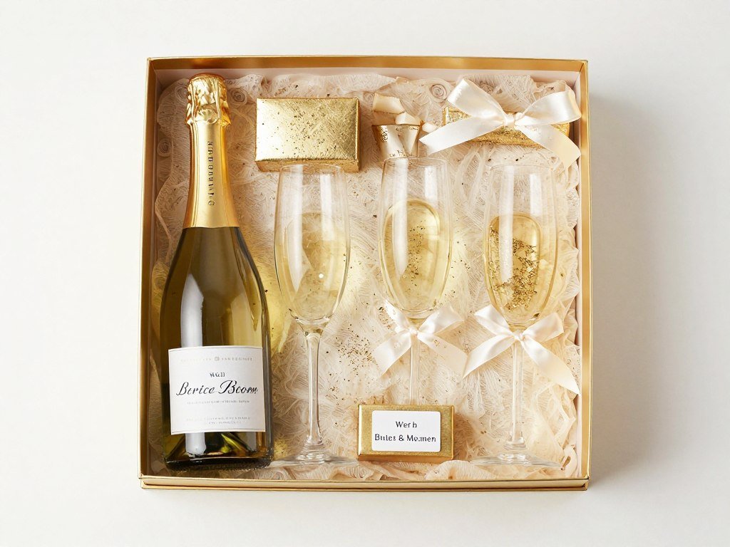 assembled wine night bridesmaid box with champagne color scheme and gold accents