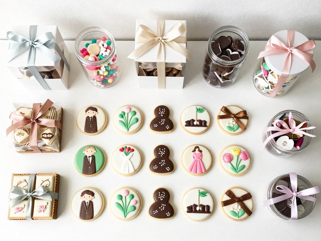 assorted edible wedding favors including cookies, candies, and chocolates in decorative packaging