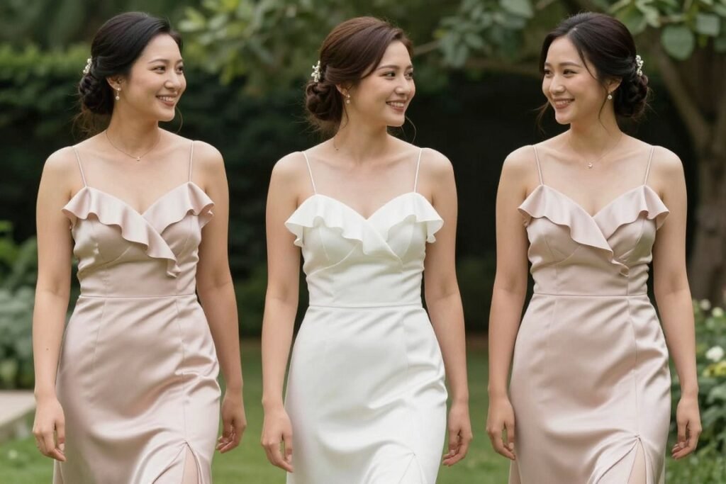 athletic bridesmaid in feminine satin dress with details
