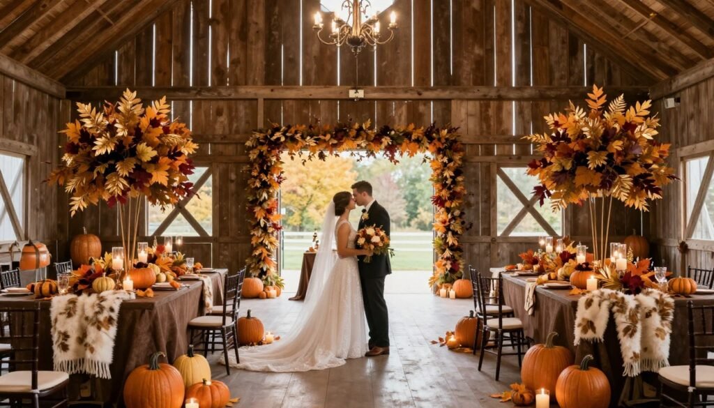 autumn barn wedding with fall decorations