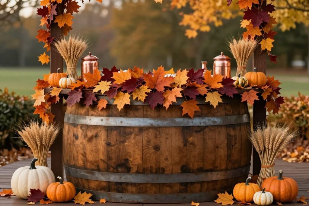 autumn wedding bar decorated with fall foliage and pumpkins autumn wedding bar decorated with fall foliage and pumpkins
