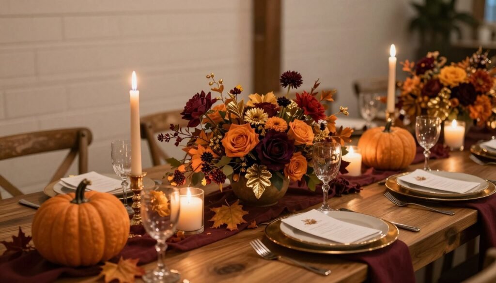 autumn wedding color schemes with burgundy flowers and golden accents