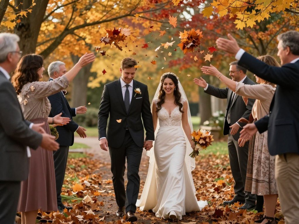 autumn wedding exit with falling leaves