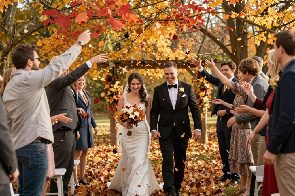 autumn wedding send-off with colorful fall leaves being tossed